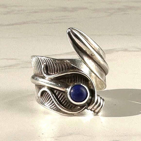 S. Charley Jewelry - Native American Navajo Sterling Silver & Lapis Wrap Around Feather Ring Signed C